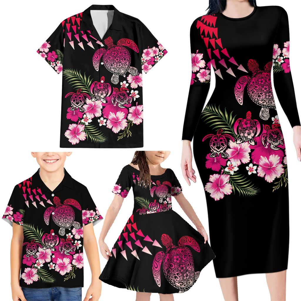 Hawaiian Hibiscus Turtle and Tropical Flower Family Matching Long Sleeve Bodycon Dress and Hawaiian Shirt Sweet Vibe