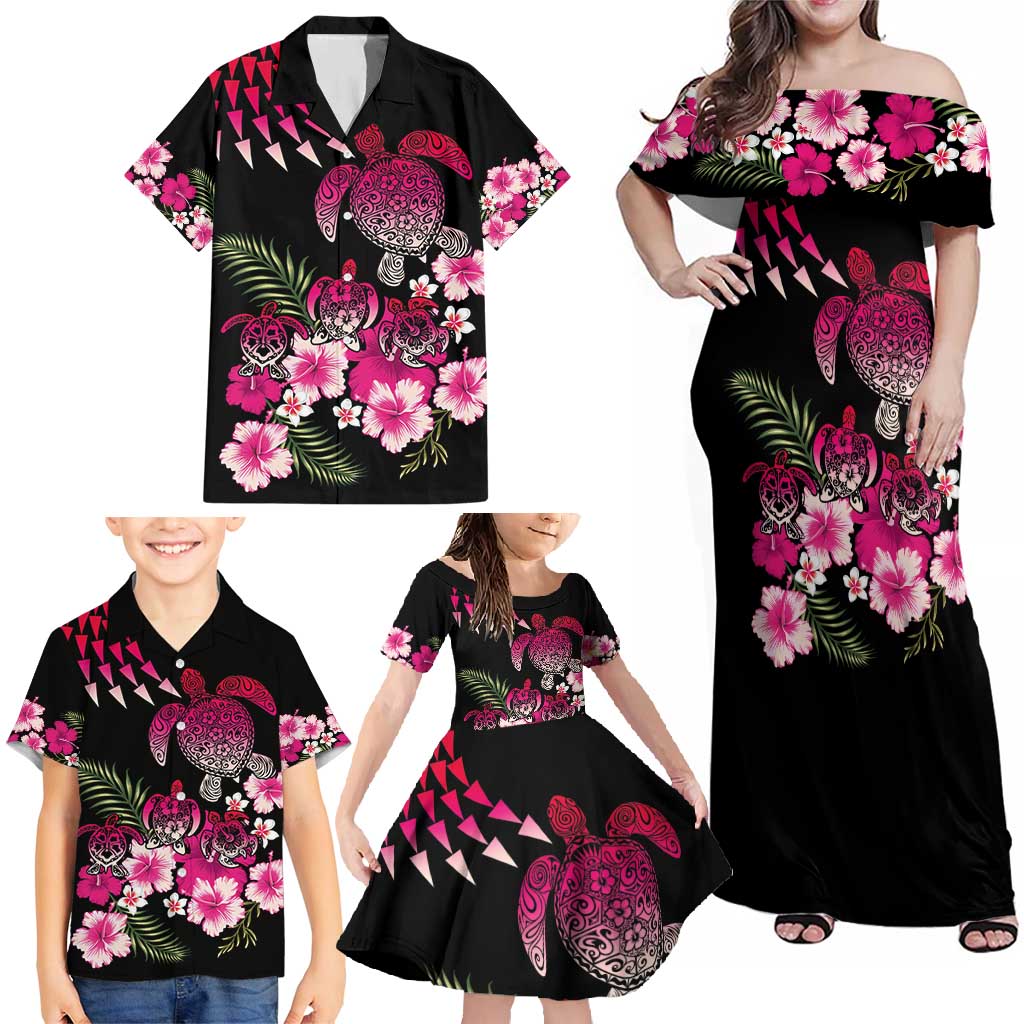 Hawaiian Hibiscus Turtle and Tropical Flower Family Matching Off Shoulder Maxi Dress and Hawaiian Shirt Sweet Vibe