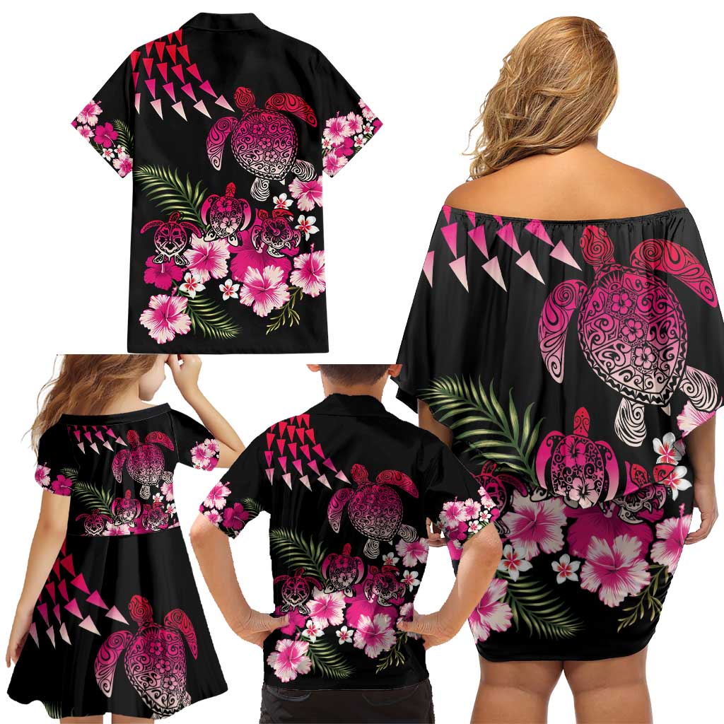 Hawaiian Hibiscus Turtle and Tropical Flower Family Matching Off Shoulder Short Dress and Hawaiian Shirt Sweet Vibe