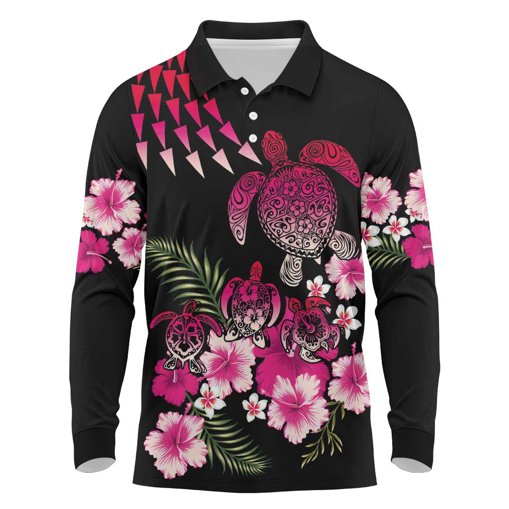Hawaiian Hibiscus Turtle and Tropical Flower Long Sleeve Polo Shirt Sweet Vibe