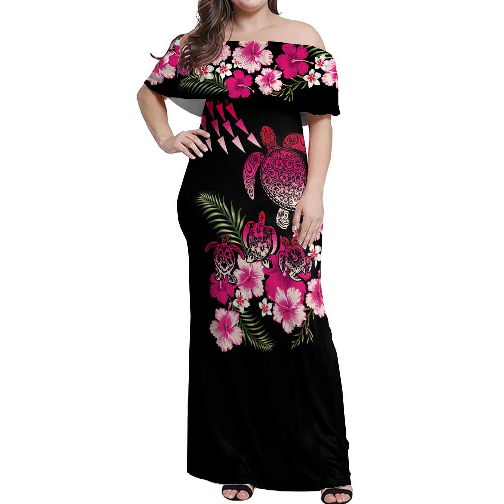 Hawaiian Hibiscus Turtle and Tropical Flower Off Shoulder Maxi Dress Sweet Vibe