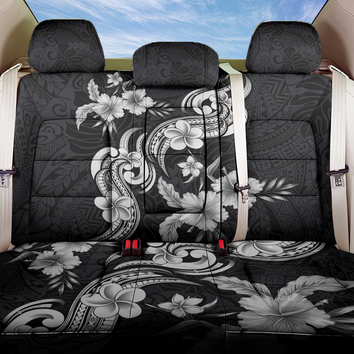 Hawaiian-Polynesian Art Tattoo Back Car Seat Cover Hibiscus and Plumeria Grayscale