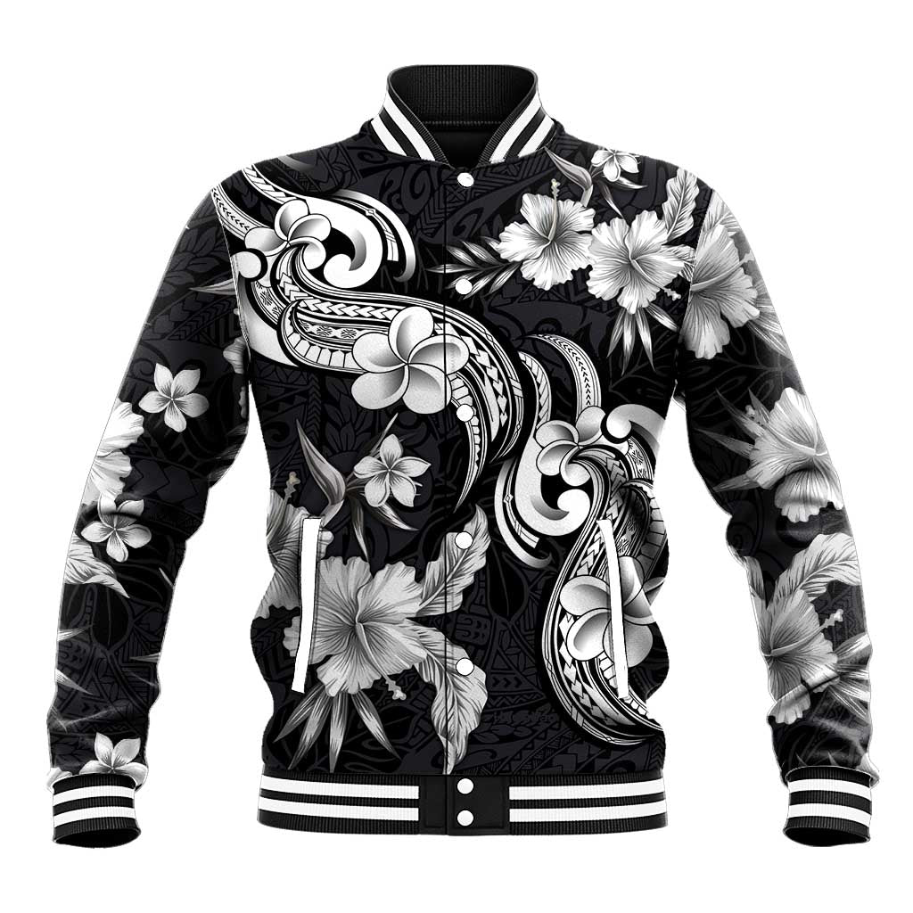 Hawaiian-Polynesian Art Tattoo Baseball Jacket Hibiscus and Plumeria Grayscale