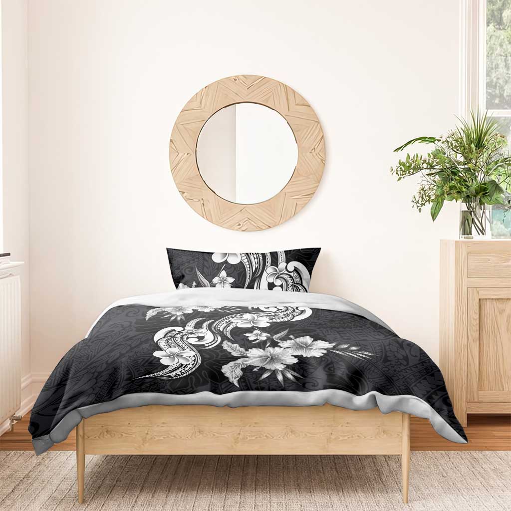 Hawaiian-Polynesian Art Tattoo Bedding Set Hibiscus and Plumeria Grayscale
