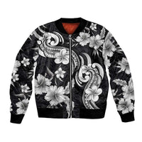 Hawaiian-Polynesian Art Tattoo Bomber Jacket Hibiscus and Plumeria Grayscale
