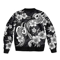 Hawaiian-Polynesian Art Tattoo Bomber Jacket Hibiscus and Plumeria Grayscale