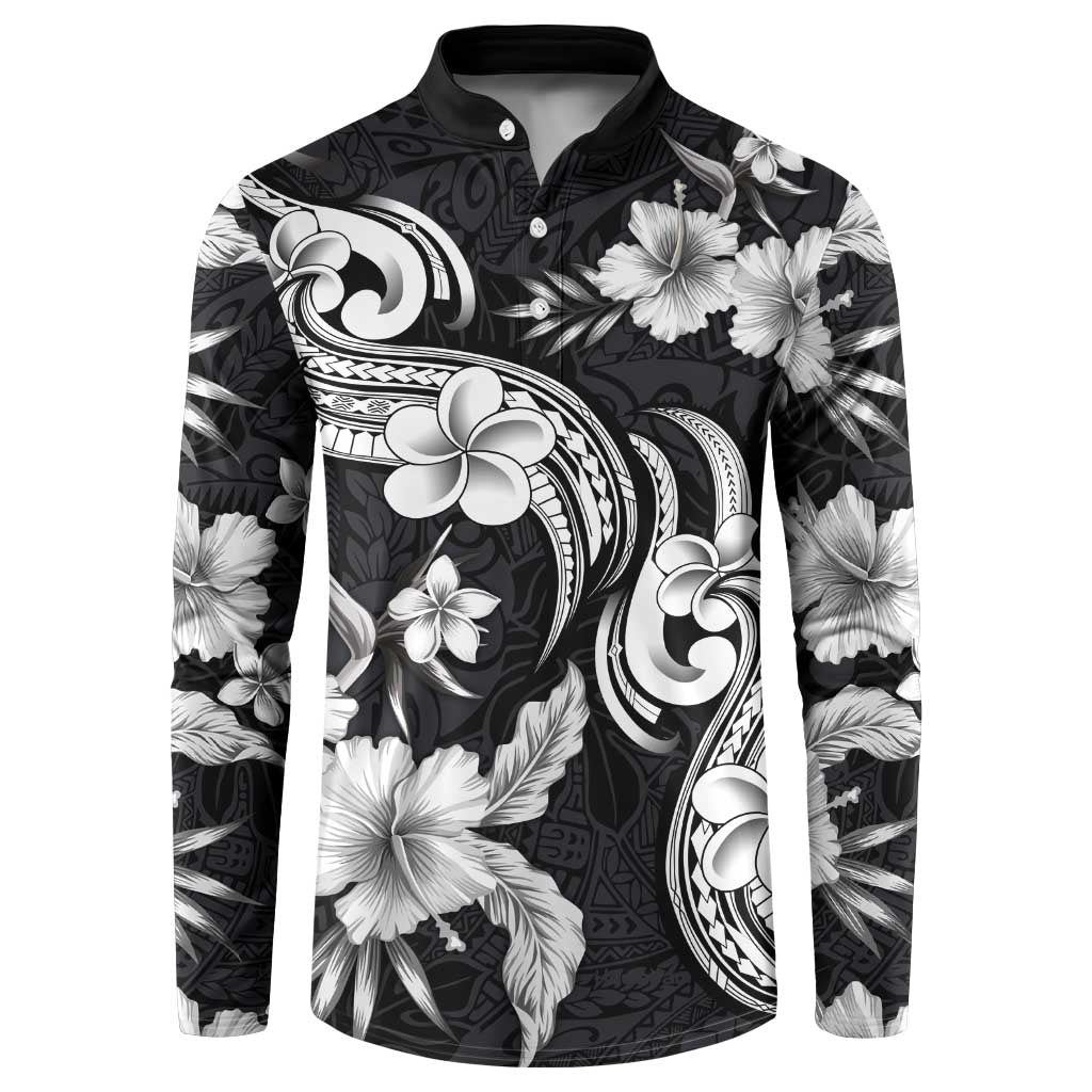 Hawaiian-Polynesian Art Tattoo Button Sweatshirt Hibiscus and Plumeria Grayscale