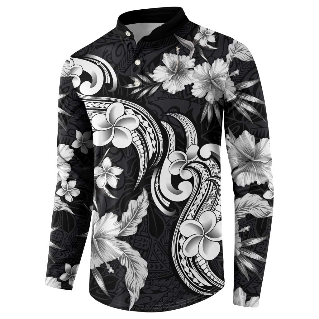 Hawaiian-Polynesian Art Tattoo Button Sweatshirt Hibiscus and Plumeria Grayscale