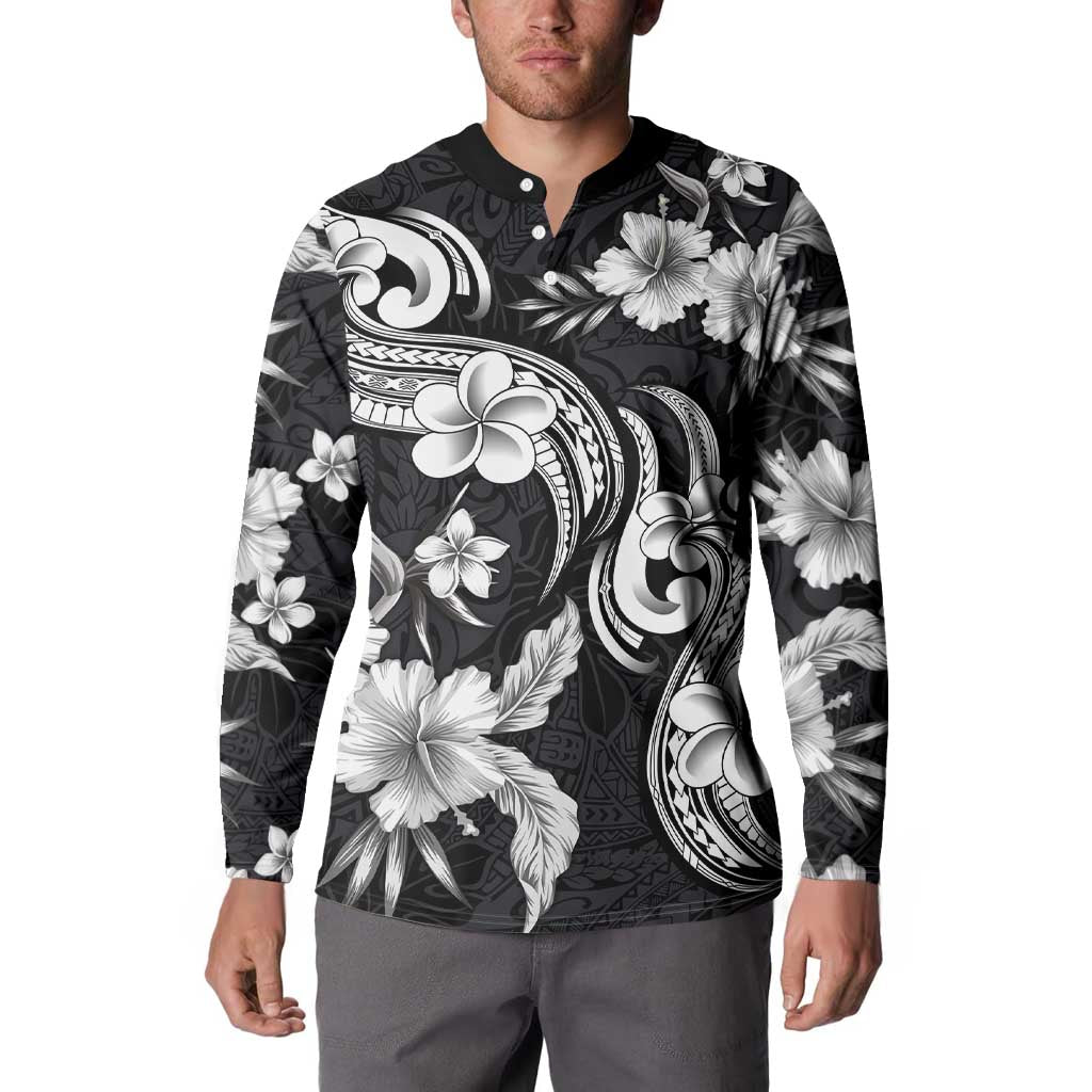 Hawaiian-Polynesian Art Tattoo Button Sweatshirt Hibiscus and Plumeria Grayscale