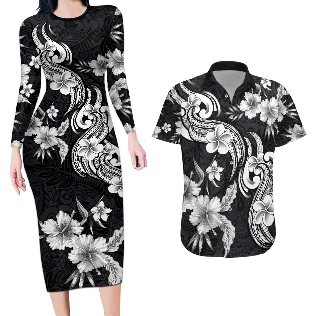 Hawaiian-Polynesian Art Tattoo Couples Matching Long Sleeve Bodycon Dress and Hawaiian Shirt Hibiscus and Plumeria Grayscale