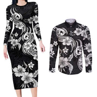 Hawaiian-Polynesian Art Tattoo Couples Matching Long Sleeve Bodycon Dress and Long Sleeve Button Shirt Hibiscus and Plumeria Grayscale