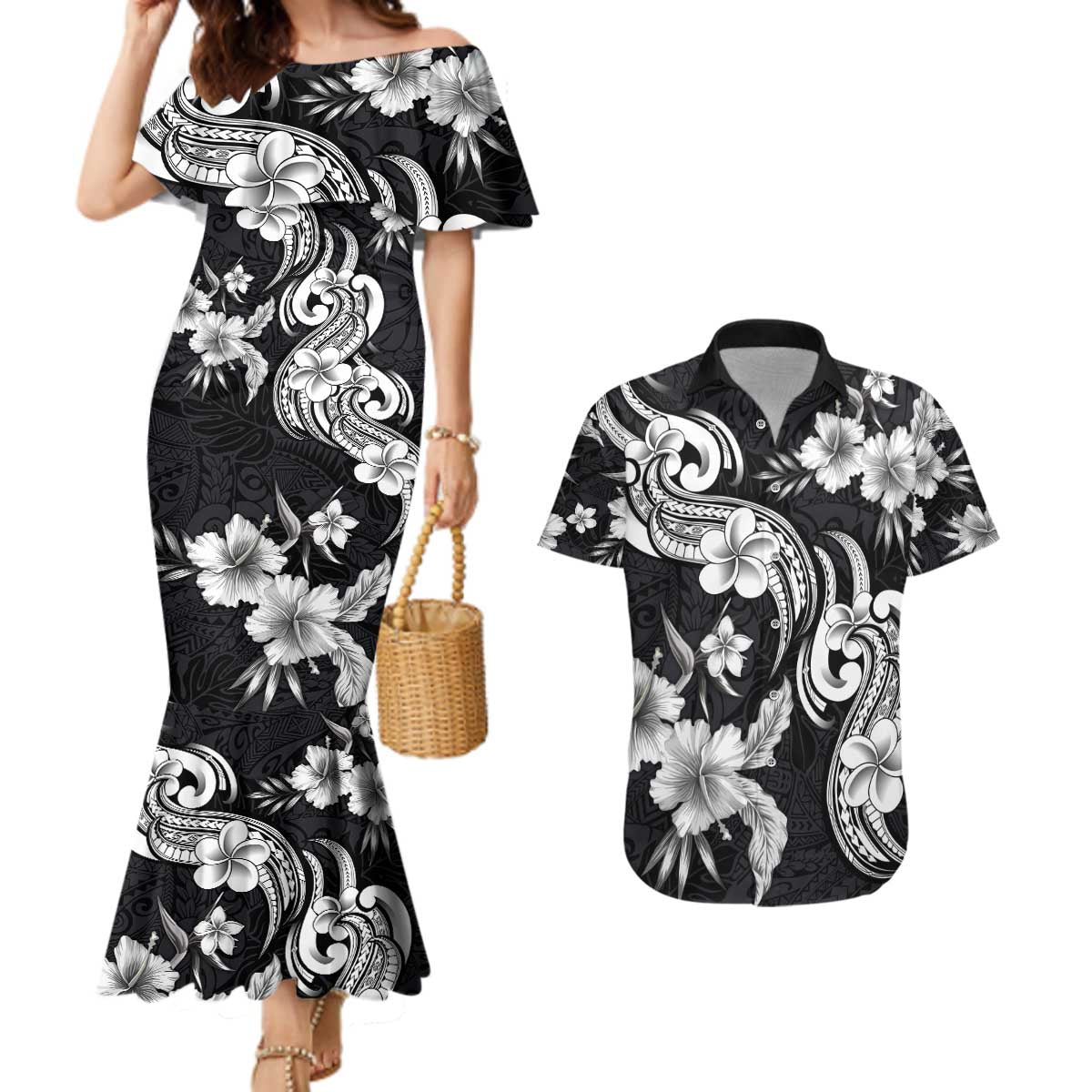 Hawaiian-Polynesian Art Tattoo Couples Matching Mermaid Dress and Hawaiian Shirt Hibiscus and Plumeria Grayscale