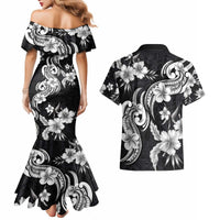 Hawaiian-Polynesian Art Tattoo Couples Matching Mermaid Dress and Hawaiian Shirt Hibiscus and Plumeria Grayscale