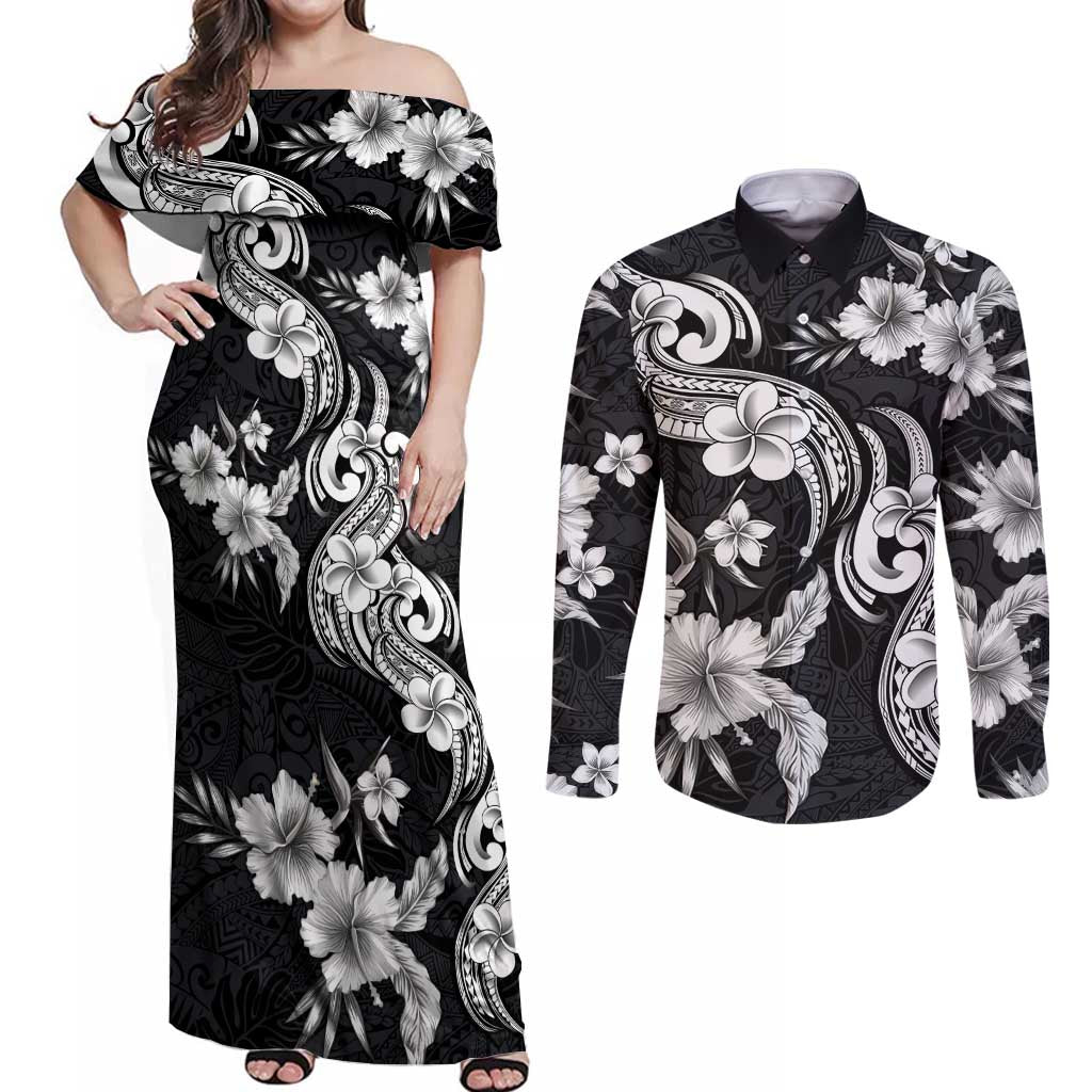 Hawaiian-Polynesian Art Tattoo Couples Matching Off Shoulder Maxi Dress and Long Sleeve Button Shirt Hibiscus and Plumeria Grayscale