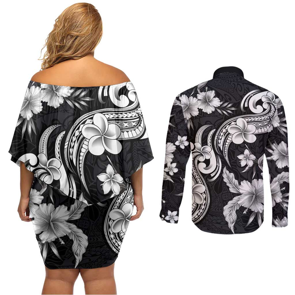 Hawaiian-Polynesian Art Tattoo Couples Matching Off Shoulder Short Dress and Long Sleeve Button Shirt Hibiscus and Plumeria Grayscale