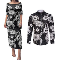 Hawaiian-Polynesian Art Tattoo Couples Matching Puletasi and Long Sleeve Button Shirt Hibiscus and Plumeria Grayscale