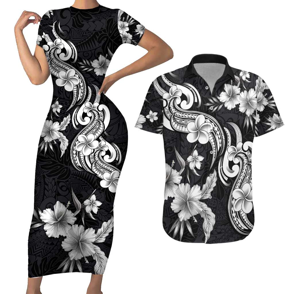 Hawaiian-Polynesian Art Tattoo Couples Matching Short Sleeve Bodycon Dress and Hawaiian Shirt Hibiscus and Plumeria Grayscale