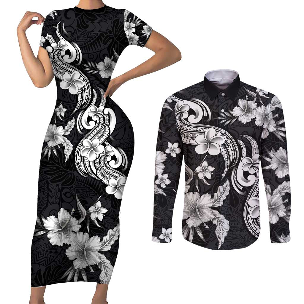 Hawaiian-Polynesian Art Tattoo Couples Matching Short Sleeve Bodycon Dress and Long Sleeve Button Shirt Hibiscus and Plumeria Grayscale