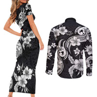 Hawaiian-Polynesian Art Tattoo Couples Matching Short Sleeve Bodycon Dress and Long Sleeve Button Shirt Hibiscus and Plumeria Grayscale