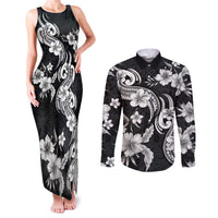 Hawaiian-Polynesian Art Tattoo Couples Matching Tank Maxi Dress and Long Sleeve Button Shirt Hibiscus and Plumeria Grayscale