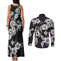 Hawaiian-Polynesian Art Tattoo Couples Matching Tank Maxi Dress and Long Sleeve Button Shirt Hibiscus and Plumeria Grayscale