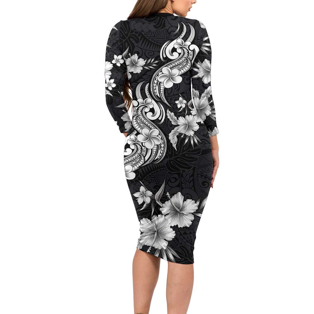 Hawaiian-Polynesian Art Tattoo Family Matching Long Sleeve Bodycon Dress and Hawaiian Shirt Hibiscus and Plumeria Grayscale