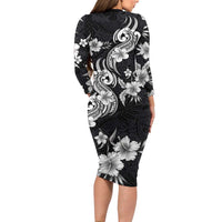 Hawaiian-Polynesian Art Tattoo Family Matching Long Sleeve Bodycon Dress and Hawaiian Shirt Hibiscus and Plumeria Grayscale