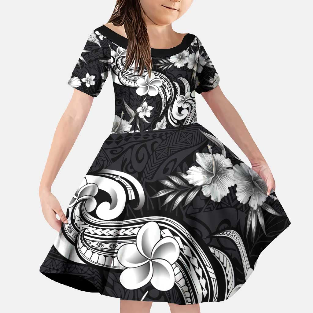 Hawaiian-Polynesian Art Tattoo Family Matching Mermaid Dress and Hawaiian Shirt Hibiscus and Plumeria Grayscale