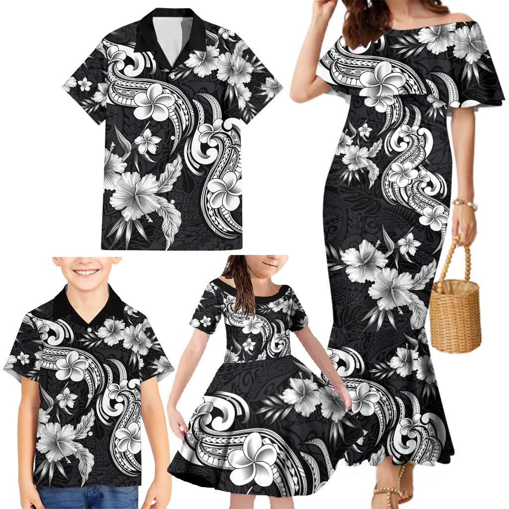 Hawaiian-Polynesian Art Tattoo Family Matching Mermaid Dress and Hawaiian Shirt Hibiscus and Plumeria Grayscale