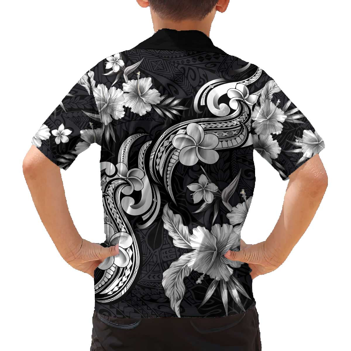 Hawaiian-Polynesian Art Tattoo Family Matching Off The Shoulder Long Sleeve Dress and Hawaiian Shirt Hibiscus and Plumeria Grayscale