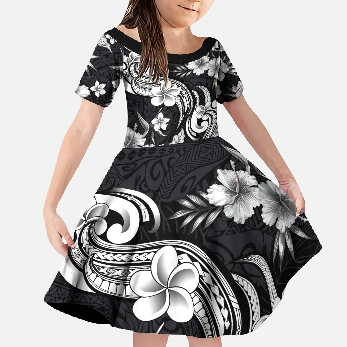 Hawaiian-Polynesian Art Tattoo Family Matching Off The Shoulder Long Sleeve Dress and Hawaiian Shirt Hibiscus and Plumeria Grayscale