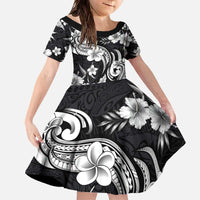 Hawaiian-Polynesian Art Tattoo Family Matching Off The Shoulder Long Sleeve Dress and Hawaiian Shirt Hibiscus and Plumeria Grayscale