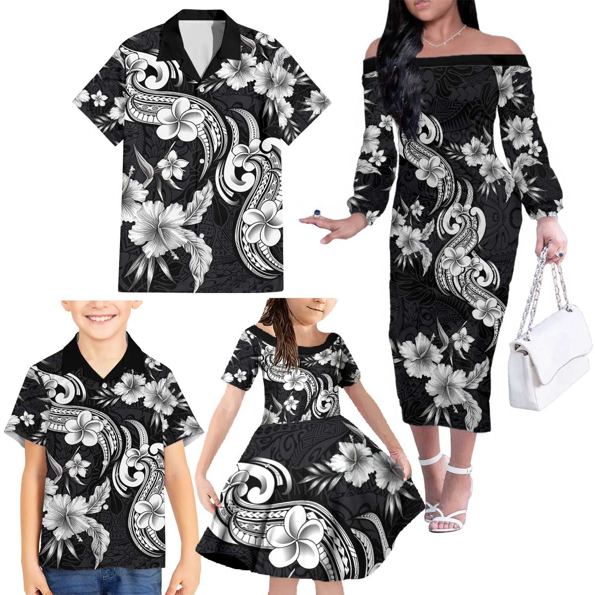 Hawaiian-Polynesian Art Tattoo Family Matching Off The Shoulder Long Sleeve Dress and Hawaiian Shirt Hibiscus and Plumeria Grayscale