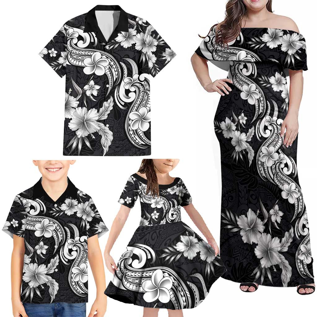 Hawaiian-Polynesian Art Tattoo Family Matching Off Shoulder Maxi Dress and Hawaiian Shirt Hibiscus and Plumeria Grayscale