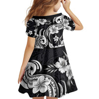 Hawaiian-Polynesian Art Tattoo Family Matching Off Shoulder Short Dress and Hawaiian Shirt Hibiscus and Plumeria Grayscale