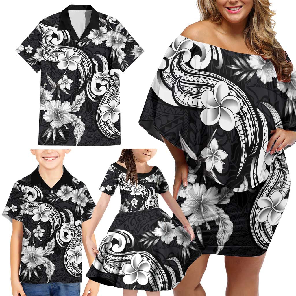 Hawaiian-Polynesian Art Tattoo Family Matching Off Shoulder Short Dress and Hawaiian Shirt Hibiscus and Plumeria Grayscale