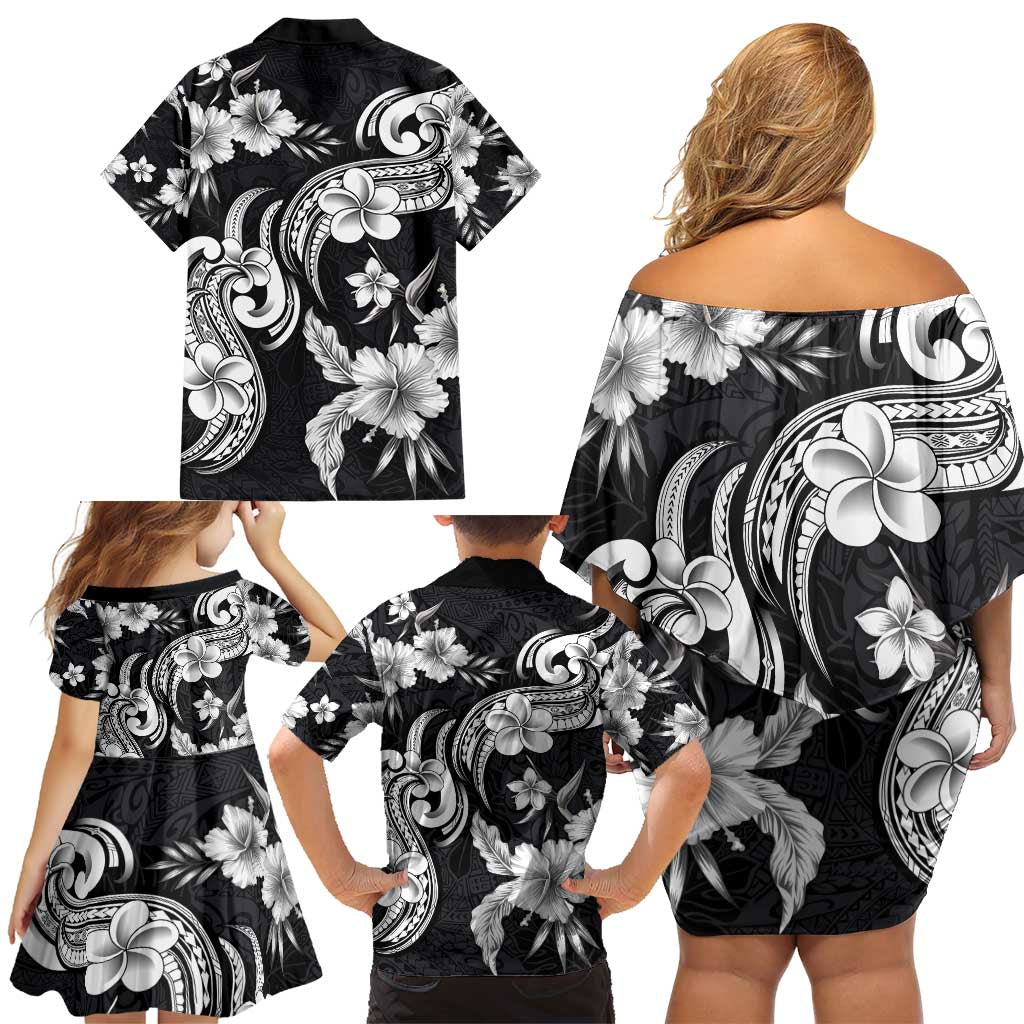 Hawaiian-Polynesian Art Tattoo Family Matching Off Shoulder Short Dress and Hawaiian Shirt Hibiscus and Plumeria Grayscale