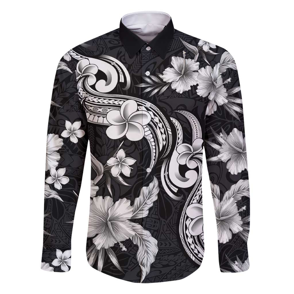 Hawaiian-Polynesian Art Tattoo Family Matching Short Sleeve Bodycon Dress and Hawaiian Shirt Hibiscus and Plumeria Grayscale