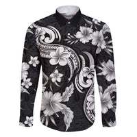 Hawaiian-Polynesian Art Tattoo Family Matching Short Sleeve Bodycon Dress and Hawaiian Shirt Hibiscus and Plumeria Grayscale