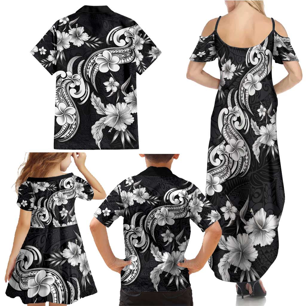 Hawaiian-Polynesian Art Tattoo Family Matching Summer Maxi Dress and Hawaiian Shirt Hibiscus and Plumeria Grayscale
