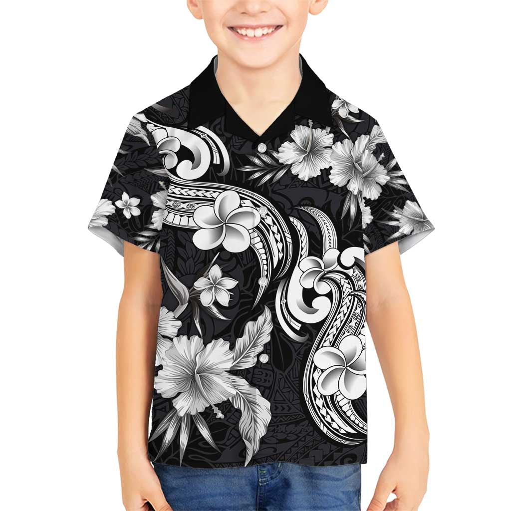 Hawaiian-Polynesian Art Tattoo Family Matching Summer Maxi Dress and Hawaiian Shirt Hibiscus and Plumeria Grayscale