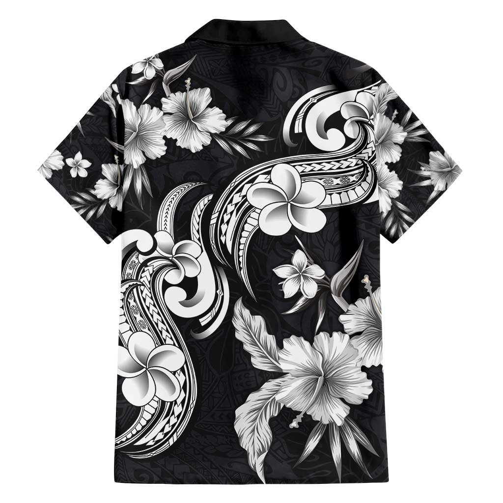 Hawaiian-Polynesian Art Tattoo Family Matching Tank Maxi Dress and Hawaiian Shirt Hibiscus and Plumeria Grayscale