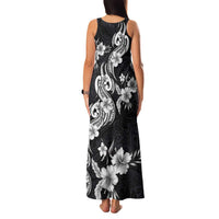 Hawaiian-Polynesian Art Tattoo Family Matching Tank Maxi Dress and Hawaiian Shirt Hibiscus and Plumeria Grayscale