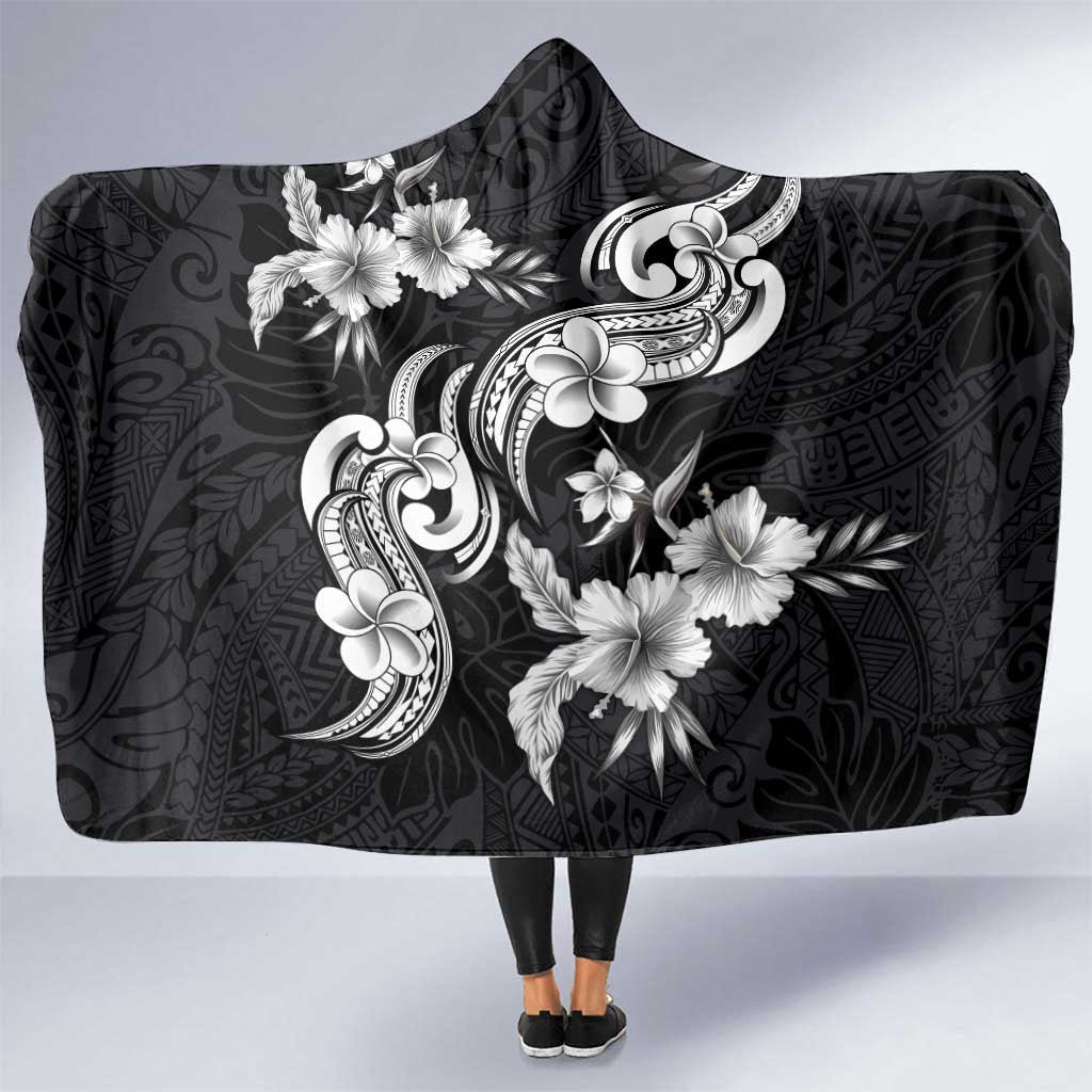 Hawaiian-Polynesian Art Tattoo Hooded Blanket Hibiscus and Plumeria Grayscale