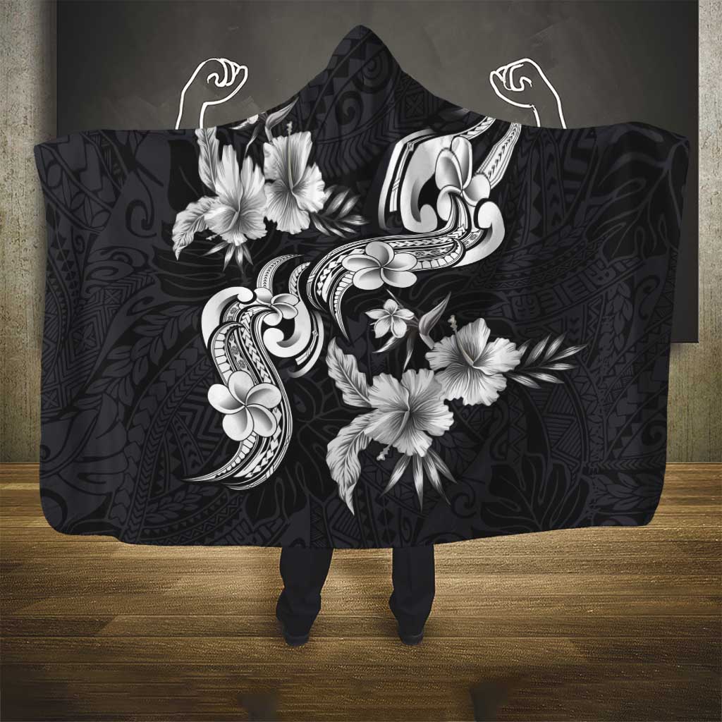 Hawaiian-Polynesian Art Tattoo Hooded Blanket Hibiscus and Plumeria Grayscale