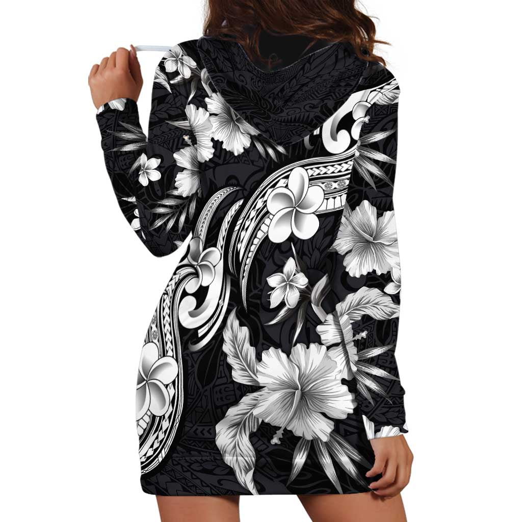 Hawaiian-Polynesian Art Tattoo Hoodie Dress Hibiscus and Plumeria Grayscale