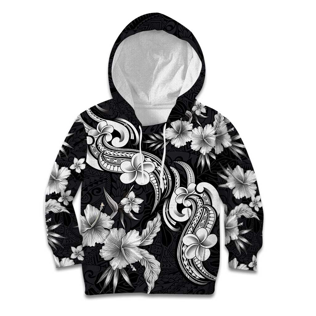 Hawaiian-Polynesian Art Tattoo Kid Hoodie Hibiscus and Plumeria Grayscale