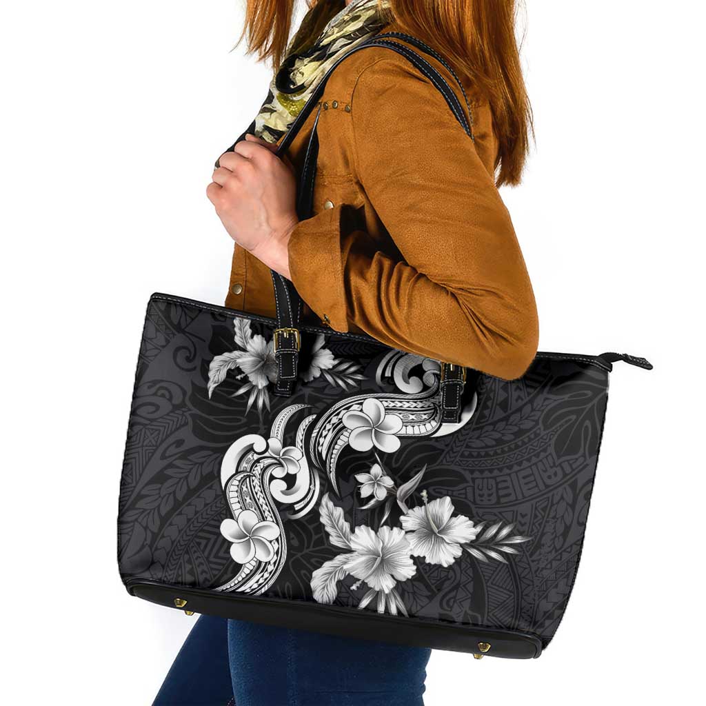 Hawaiian-Polynesian Art Tattoo Leather Tote Bag Hibiscus and Plumeria Grayscale