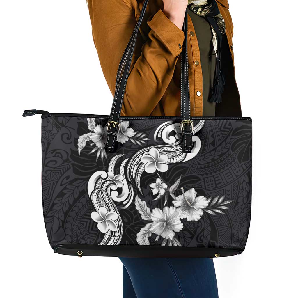Hawaiian-Polynesian Art Tattoo Leather Tote Bag Hibiscus and Plumeria Grayscale