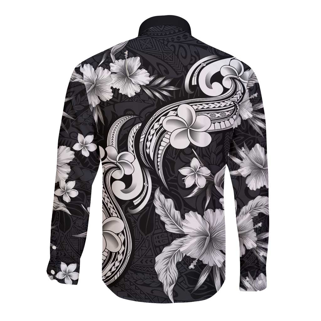 Hawaiian-Polynesian Art Tattoo Long Sleeve Button Shirt Hibiscus and Plumeria Grayscale